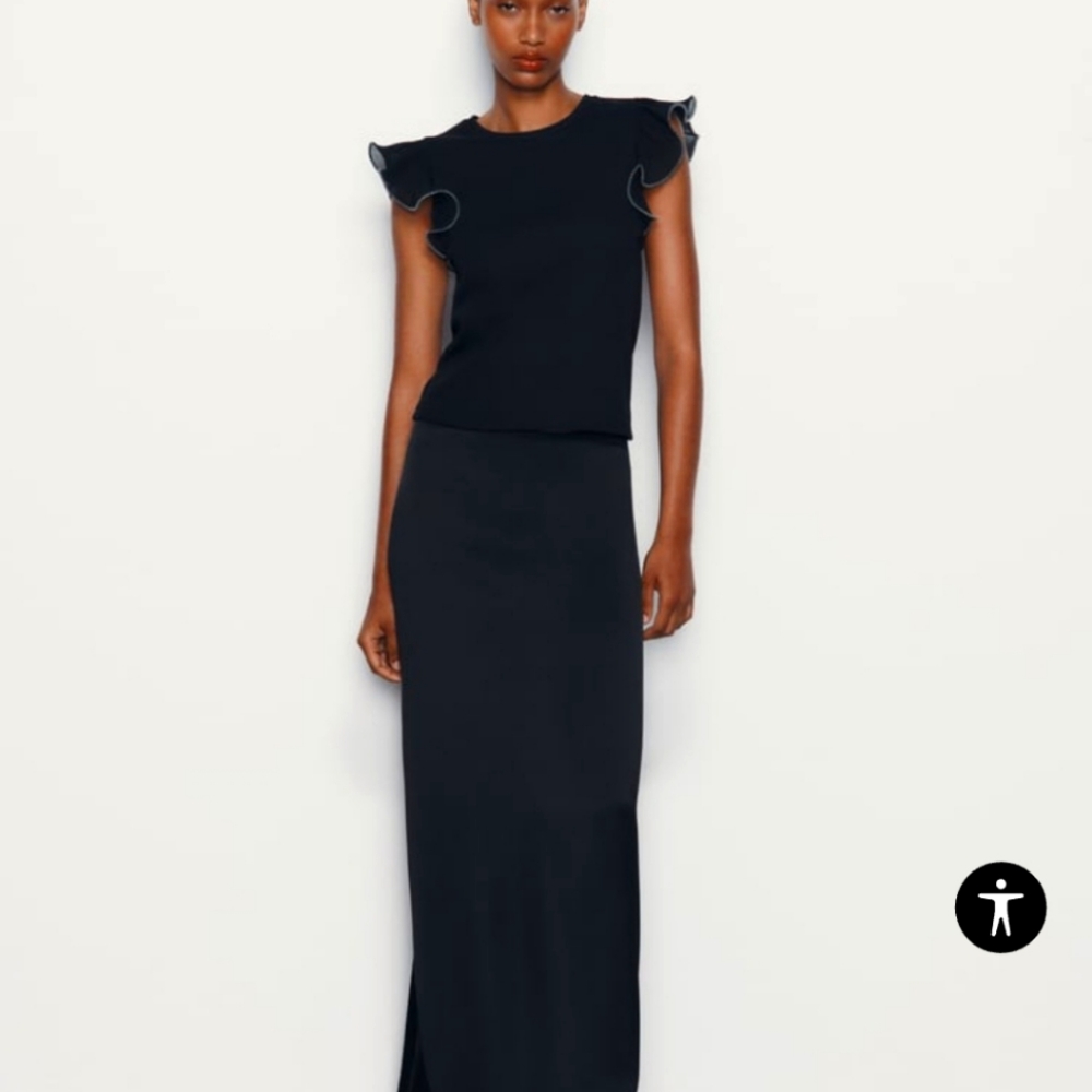 ZARA Ruffled Organza T-shirt in Black Size Small - NWT